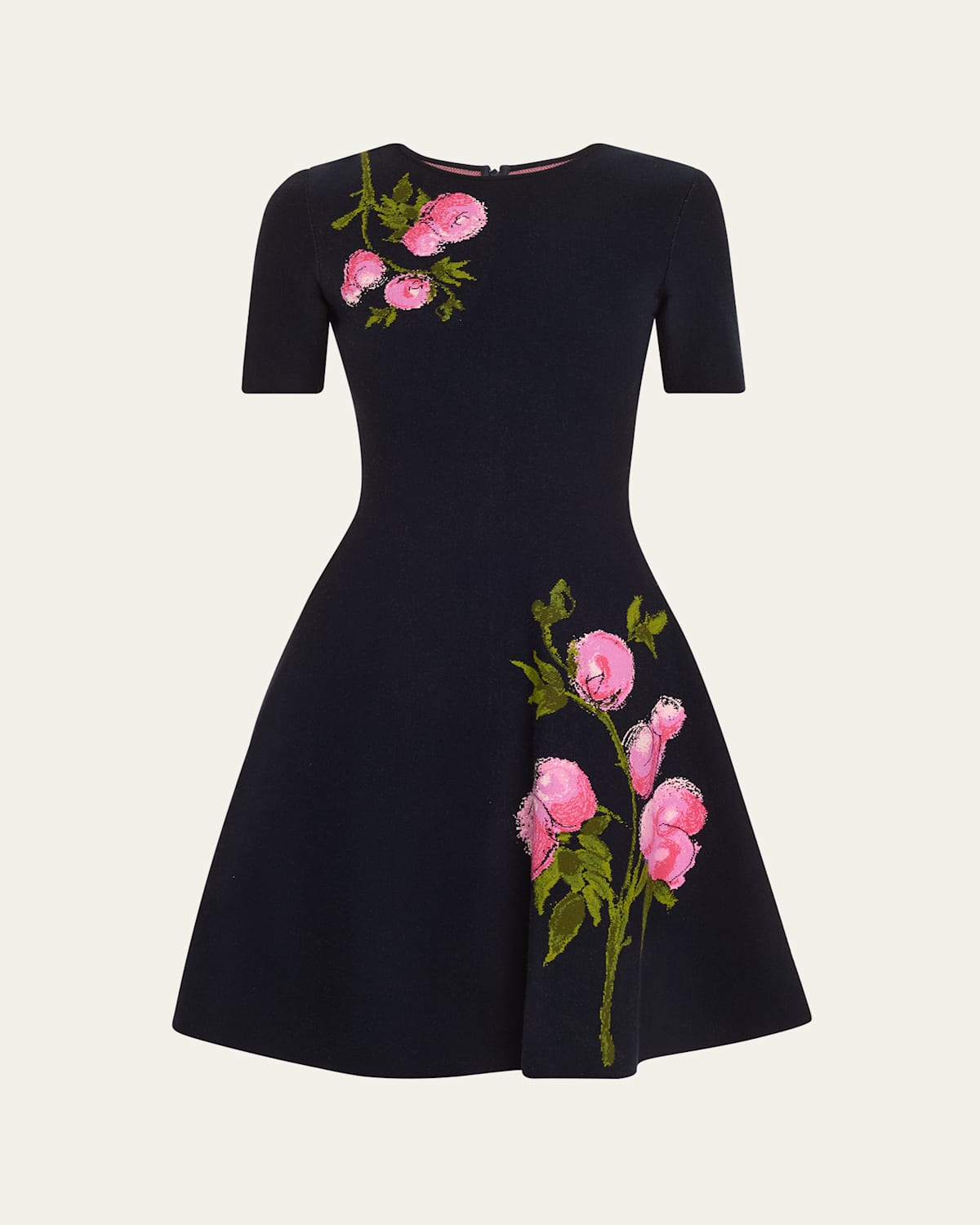 Shop Oscar De La Renta English Rose Jacquard Fit-and-flare Dress In Navypink
