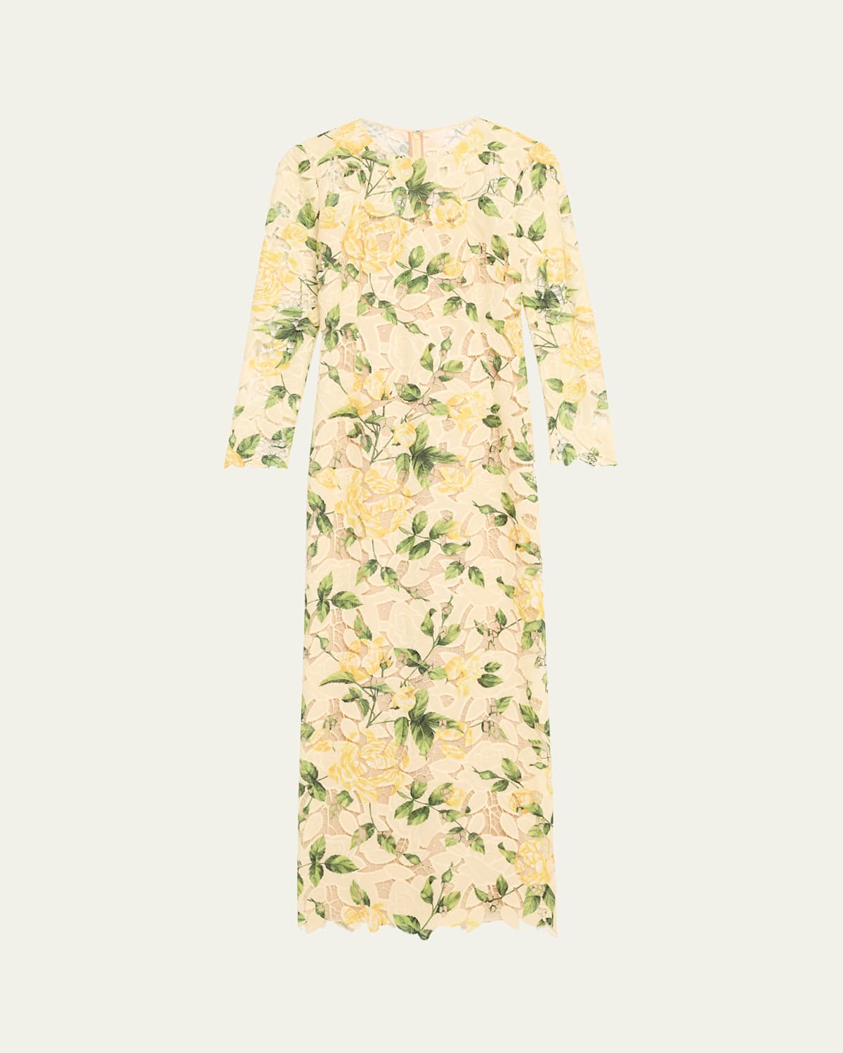 Long-Sleeve Printed Garden Rose Guipure Maxi Dress