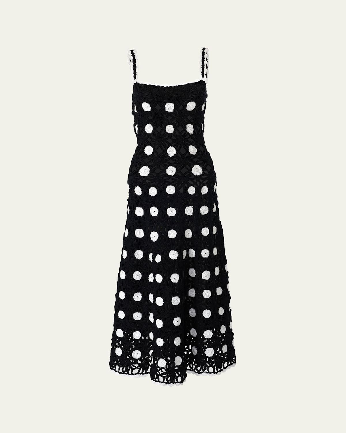 CAROLINA HERRERA POLKA-DOT CROCHET-KNIT SLEEVELESS MIDI DRESS 