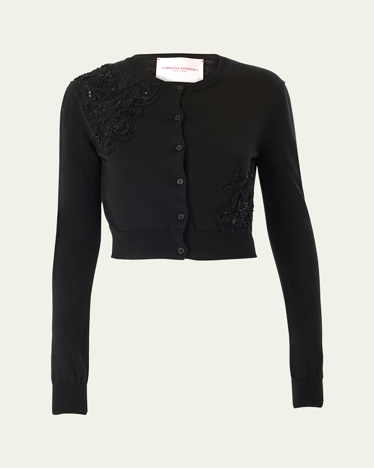 Carolina Herrera Beaded Lace Crewneck Crop Cardigan