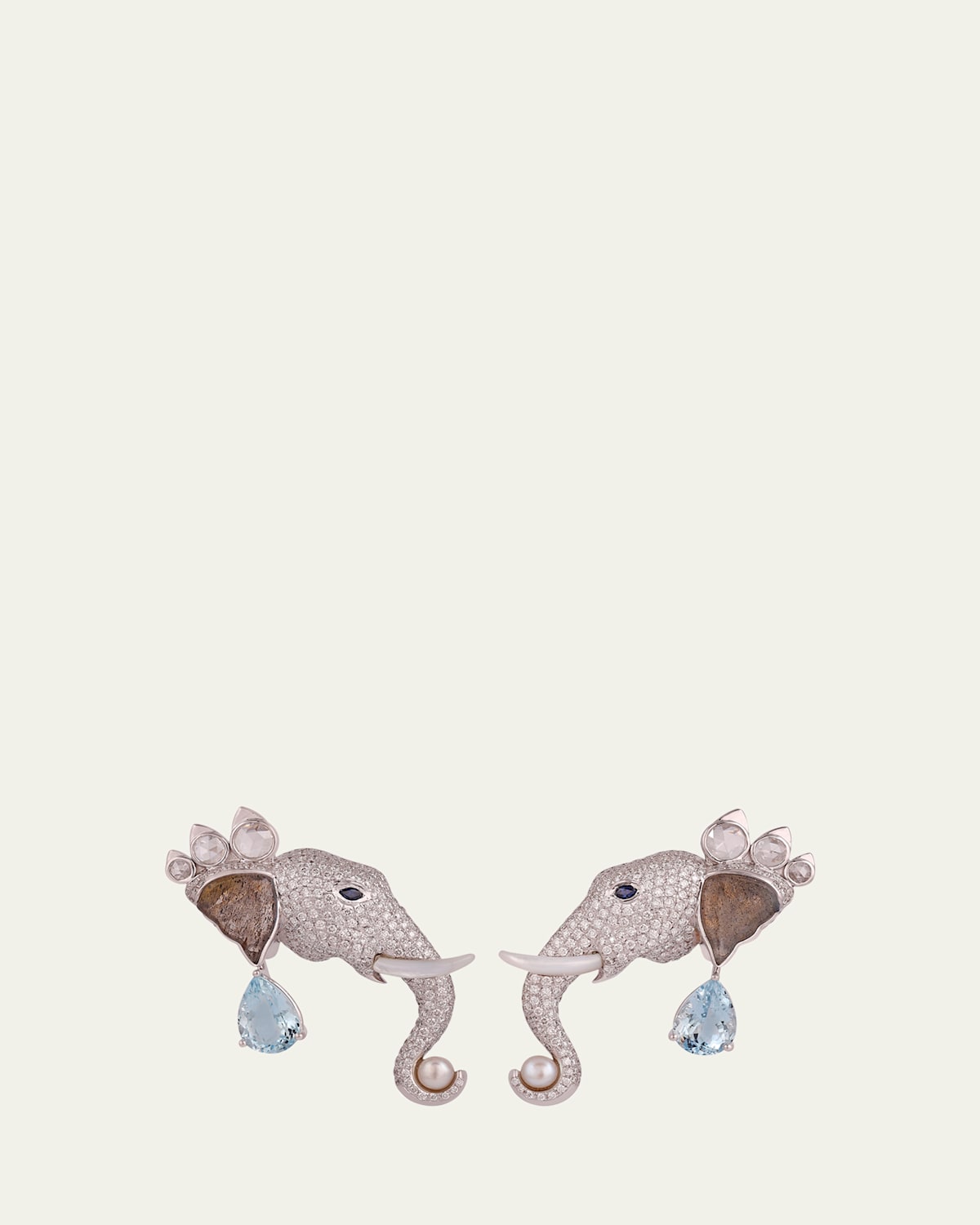 18K White Gold Elephant Diamond and Gemstone Earrings, One-Of-A-Kind