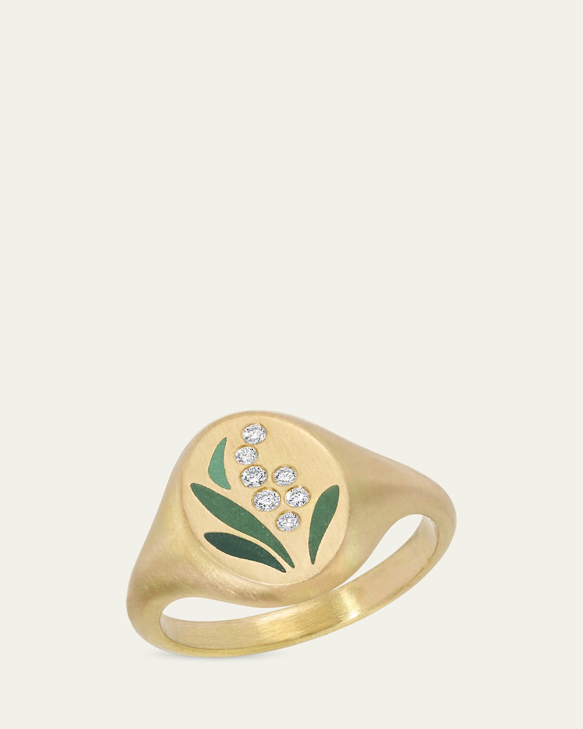 Lily of the Valley Enamel and Diamond Signet Ring in 18K Yellow Gold