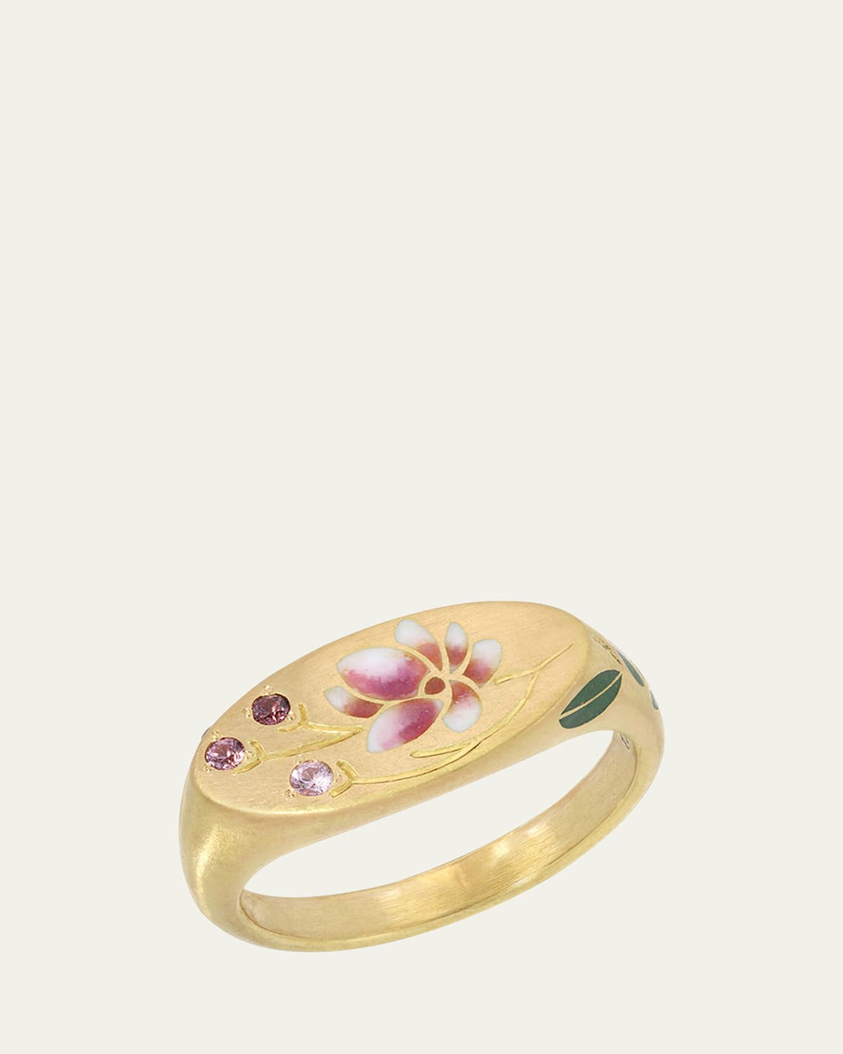 Magnolia Pink Enamel and Sapphire Signet Ring in 18K Yellow Gold