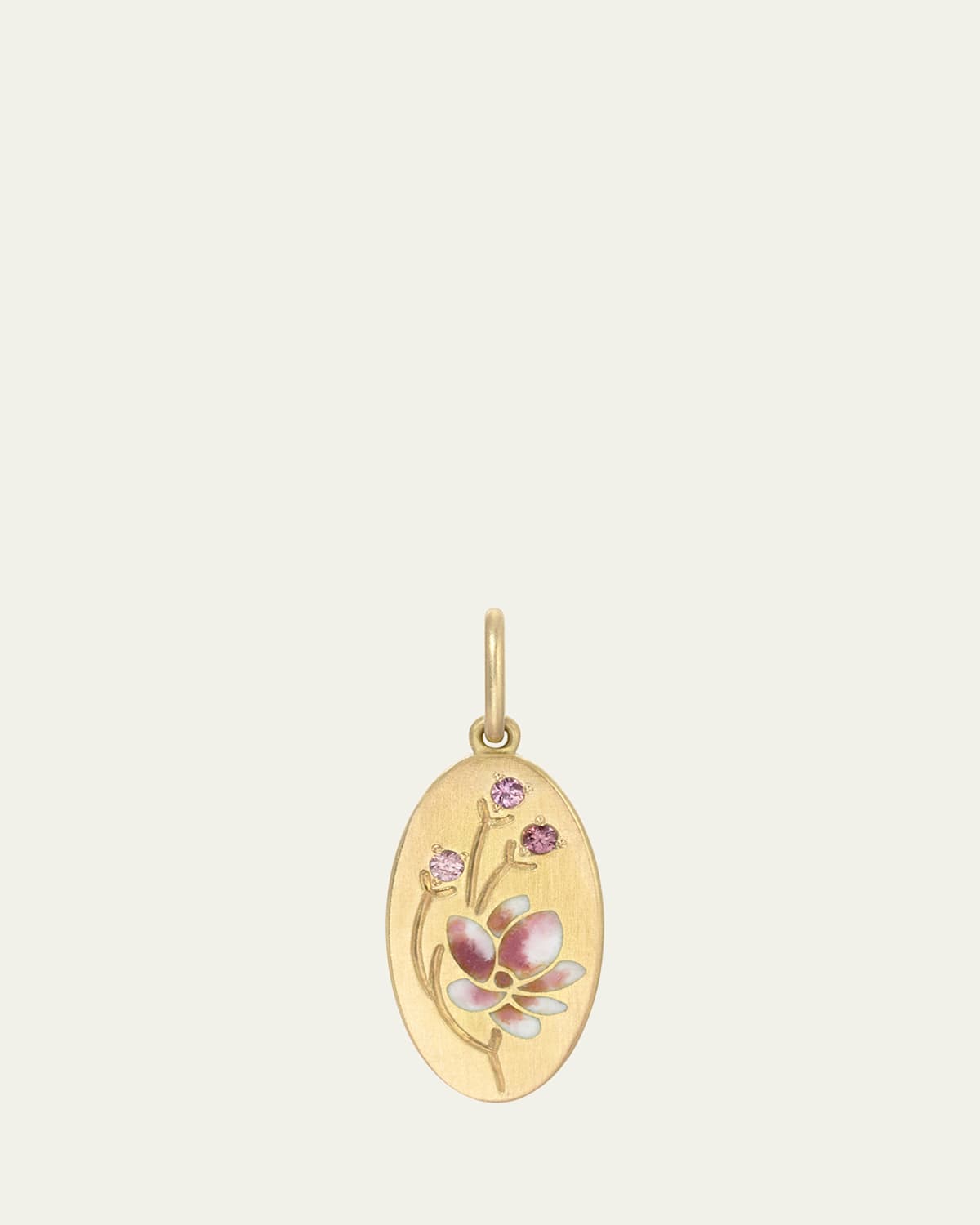 Magnolia Pink Enamel and Sapphire Pendant in 18K Yellow Gold