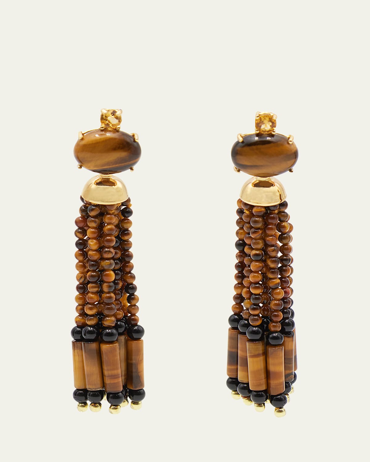 Grazia And Marica Vozza 18K Yellow Gold Tassel Drop Earrings with Citrine Quartz, Tigers Eye, and Onyx