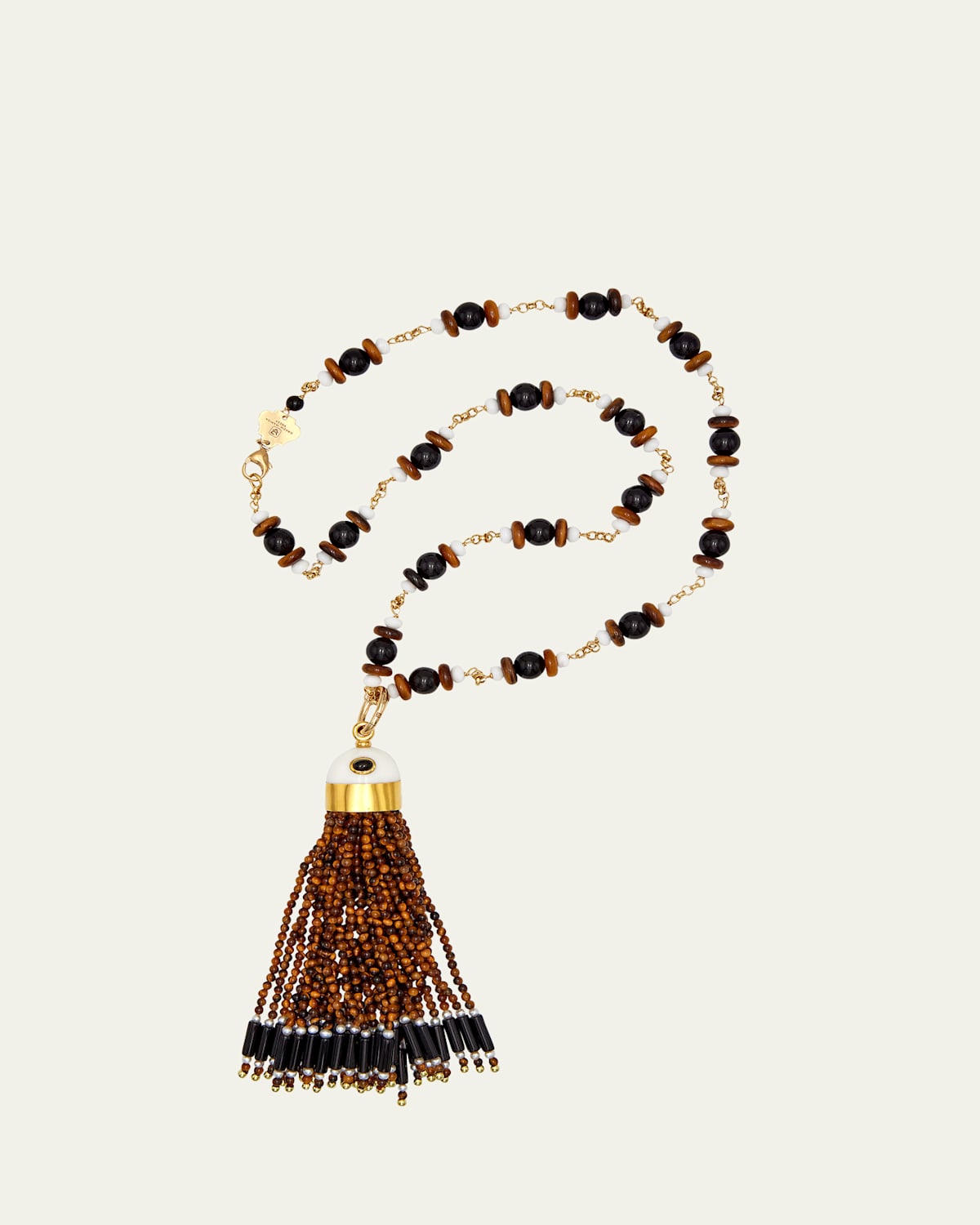 18K Yellow Gold Tassel Charm Pendant Necklace with Pearls and Resin Beads