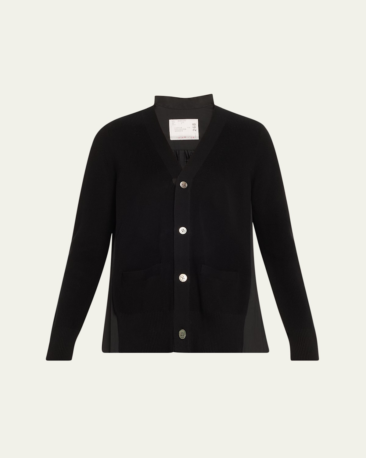 Sacai Pleated-back Knit Button Down Cardigan In Black X Black
