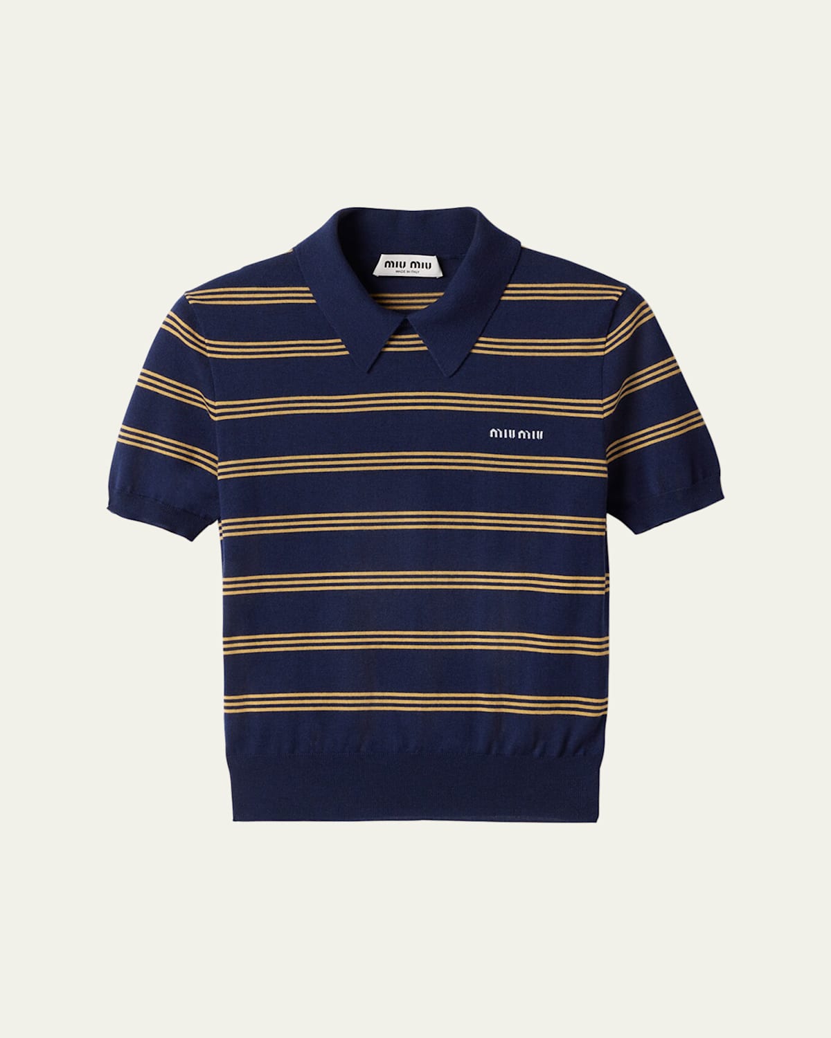 Miu Miu Stripe Short-sleeve Polo Cashmere Silk Sweater In F0008 Bleu
