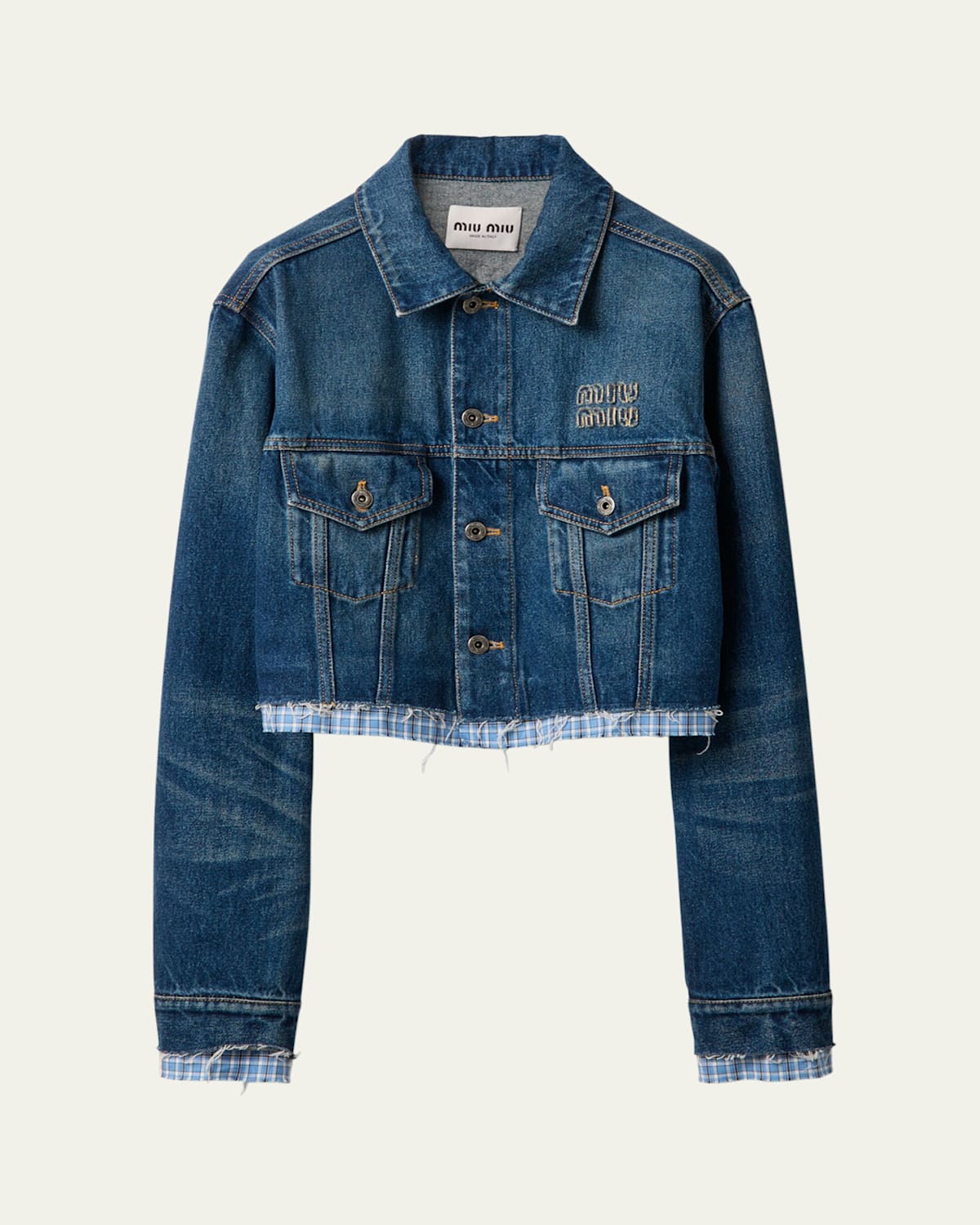 Cropped Denim Button Down Raw-Cut Jacket