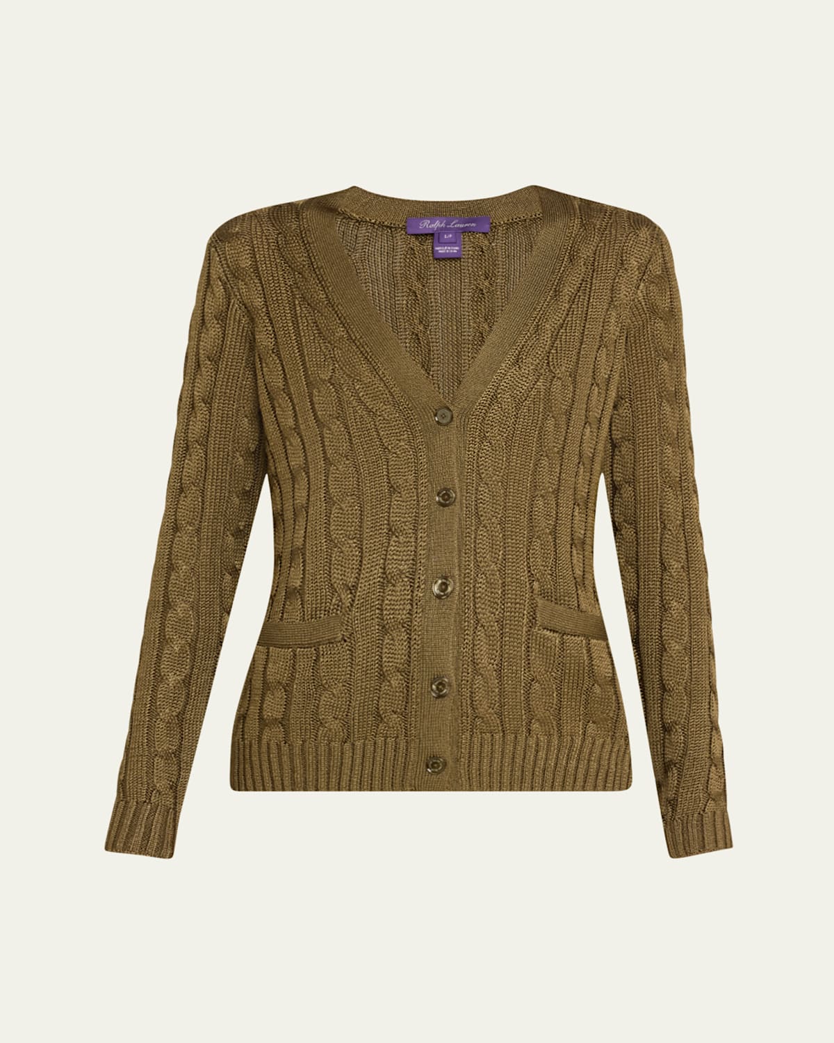 High Shine Cable-Knit Cashmere Cardigan Sweater, Green