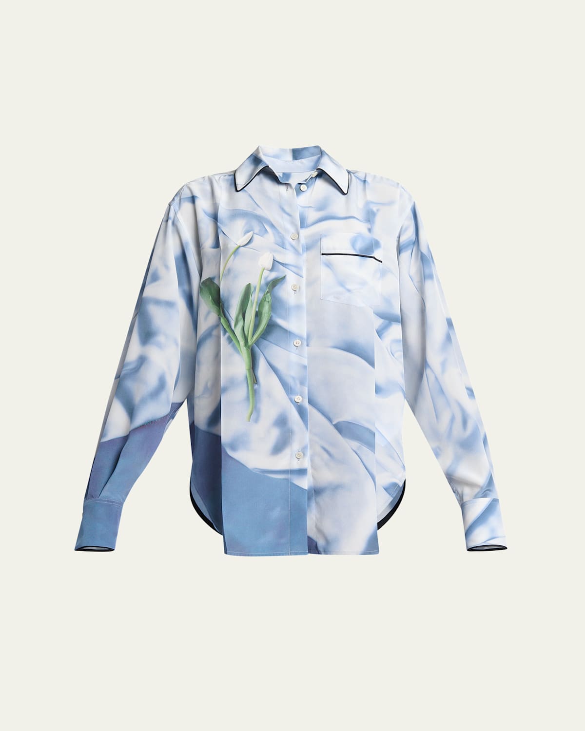 Victoria Beckham Printed Button Down Piping Detail Pajama Shirt In Sat Flw Ice Blu