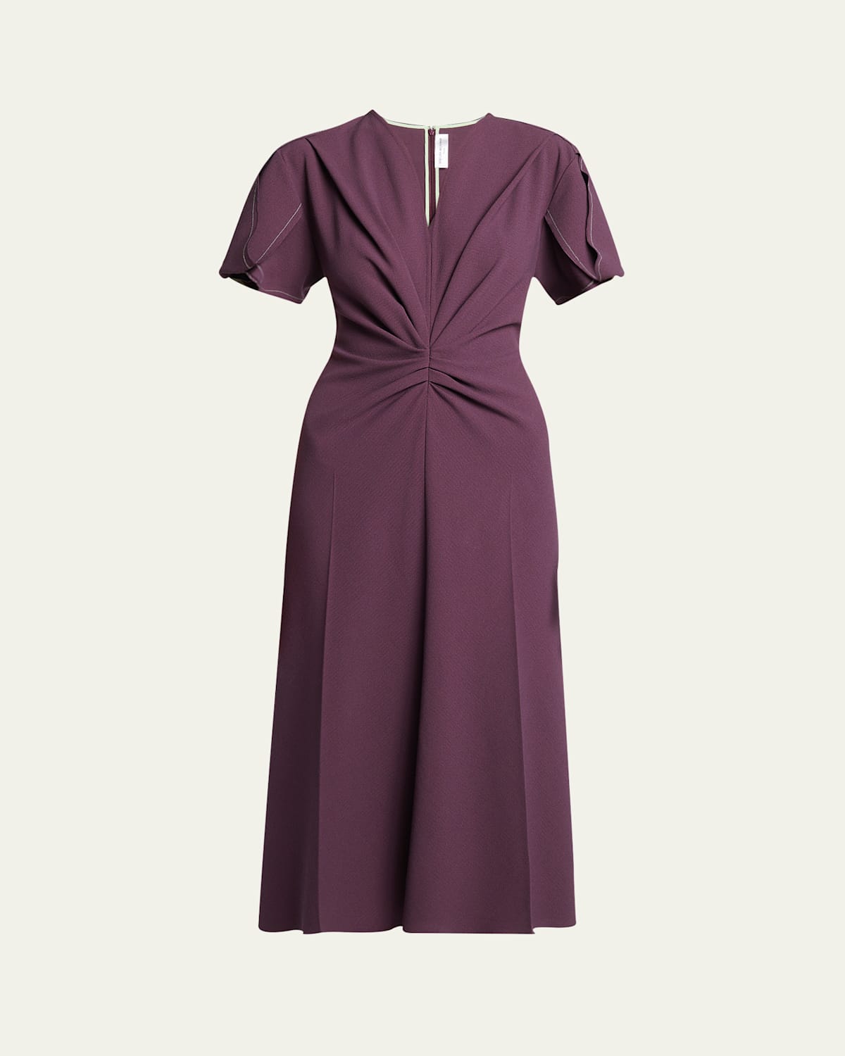 Shop Victoria Beckham Gathered V-neck Wool Midi Dress In Fig