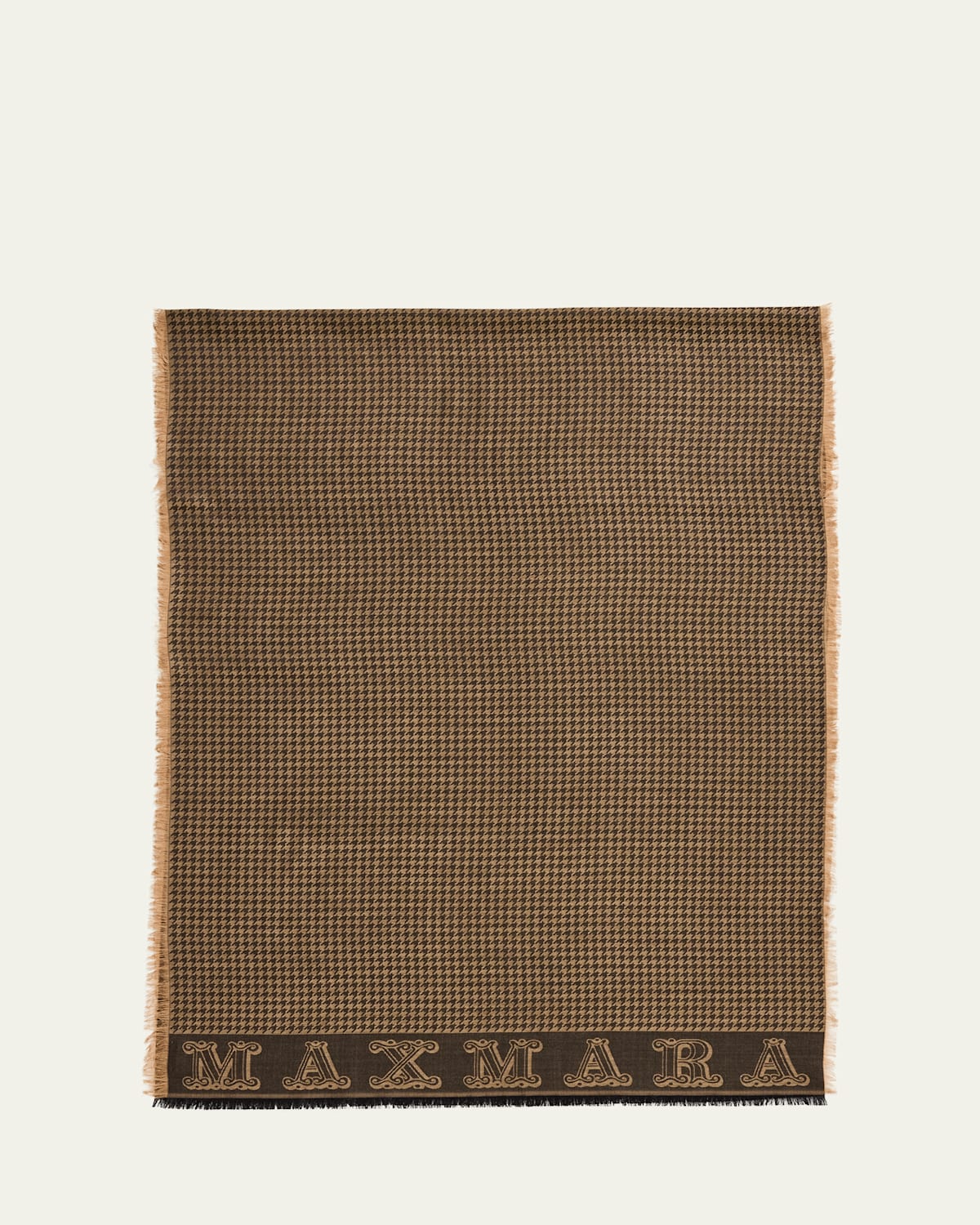 MAX MARA LOGO HOUNDSTOOTH FRINGE WOOL SCARF 