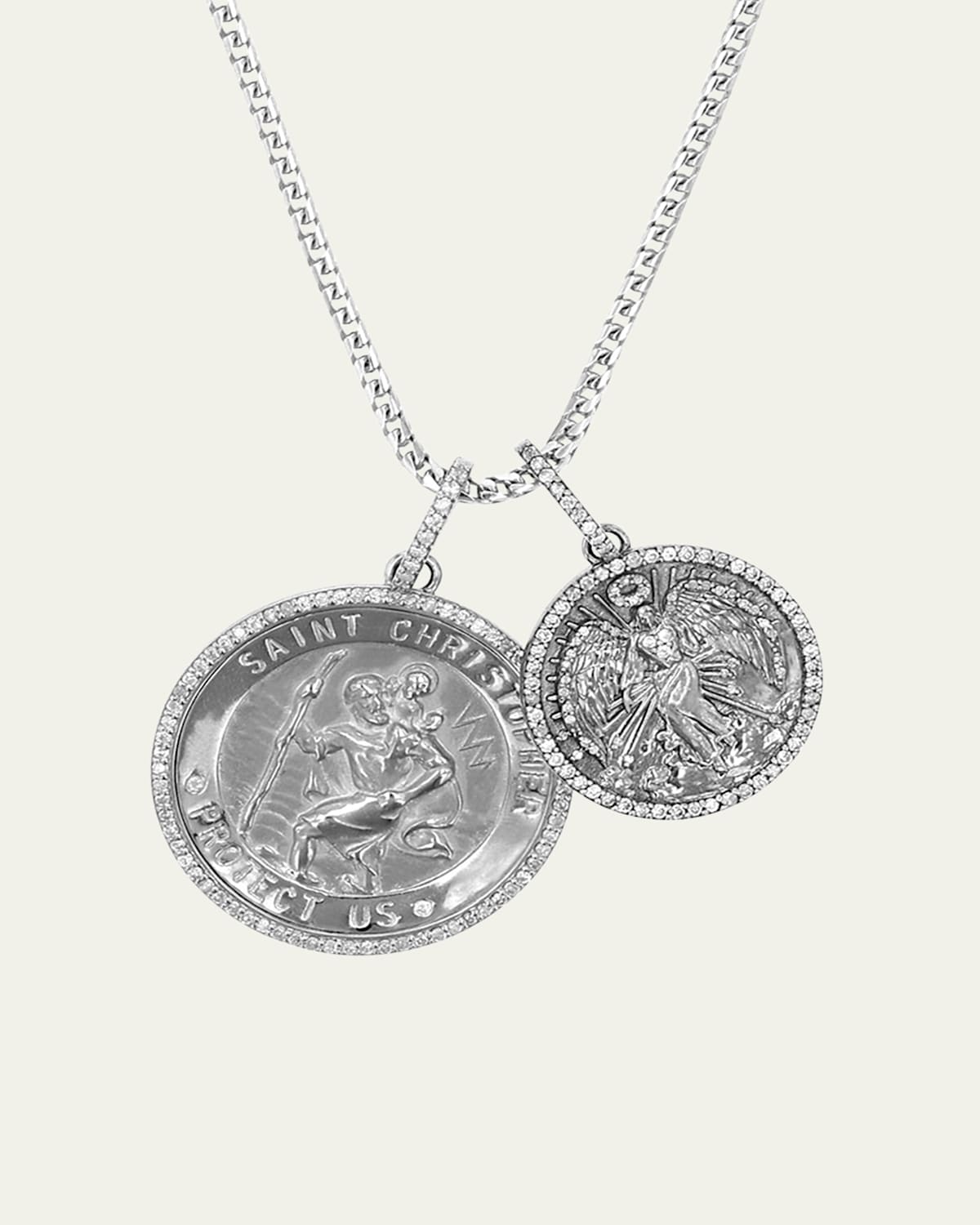 St. Christopher and Guardian Angel Pendant Necklace with Diamonds, 28"L