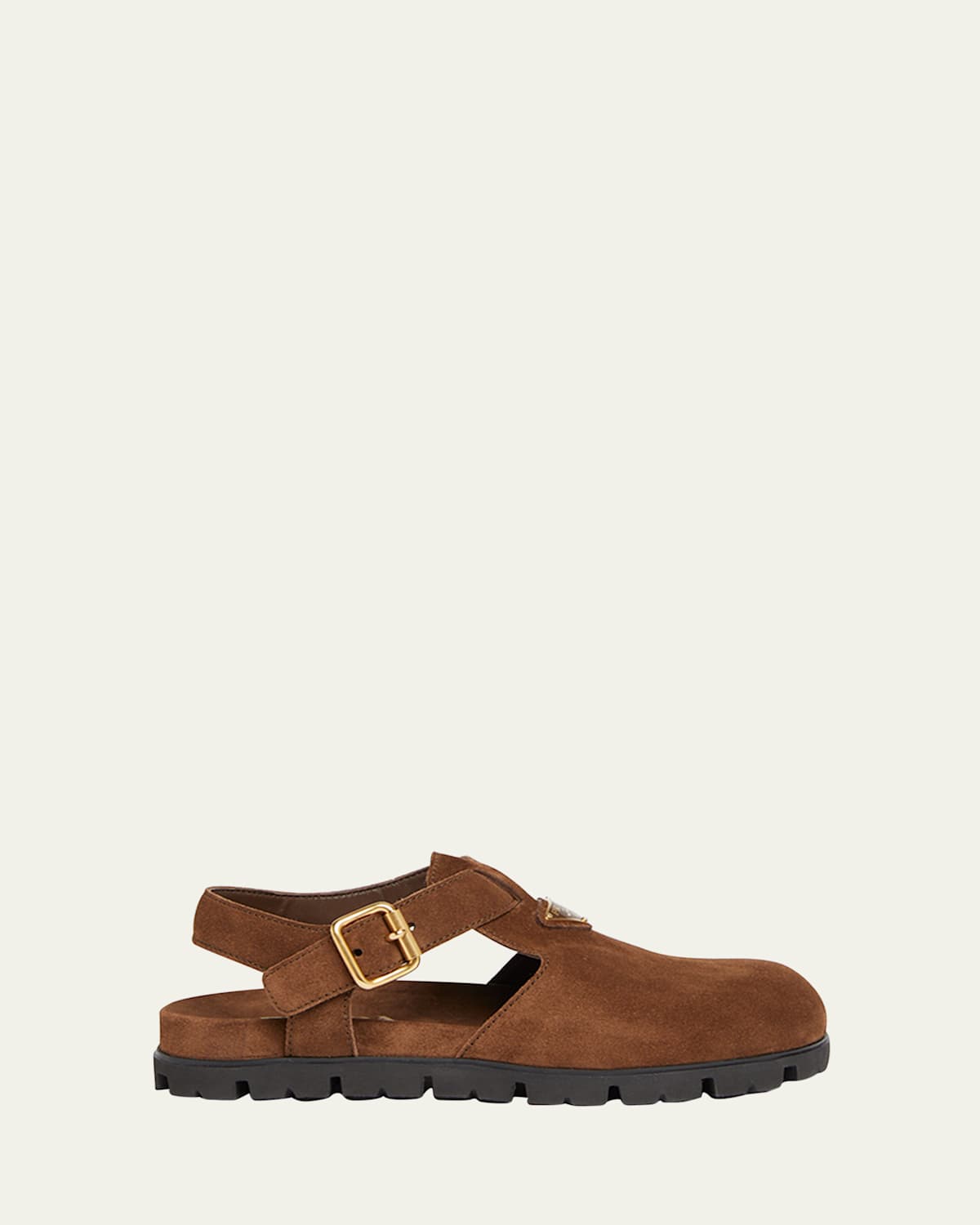 Prada Fussbett Suede Buckle Clogs In Cacao