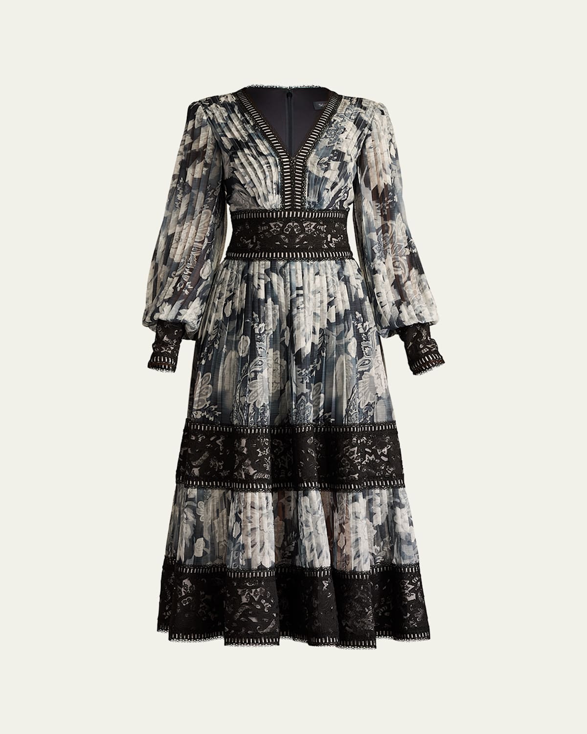 Pleated Lace Tiered Floral-Print Midi Dress