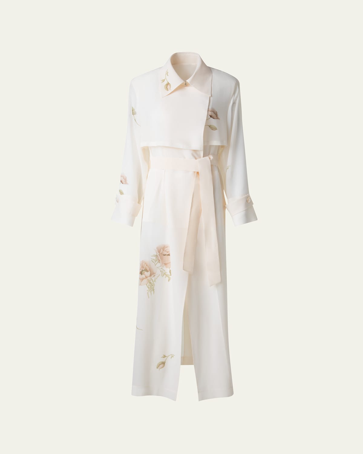 Akris Haider Floral-print Silk Crepe Trench Coat In Ecru-greige