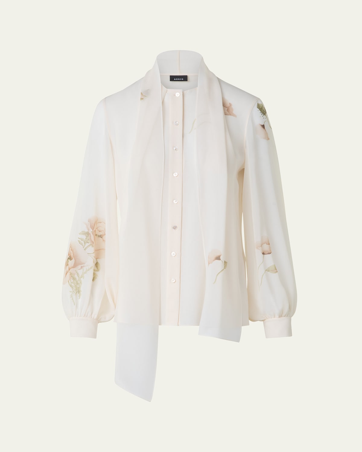 Akris Floral-print Georgette Scarf Blouse In Ecru-greige