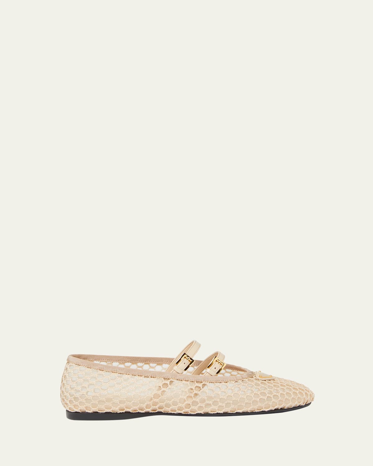 Prada Mesh Design Flats With Honeycomb Pattern And Gold-tone Buckles In Travertino