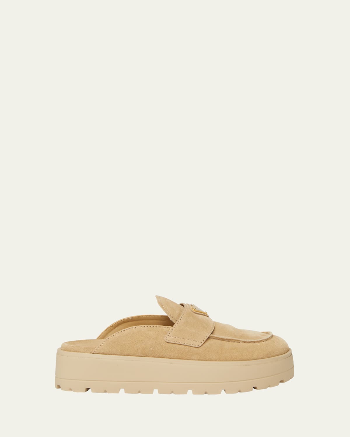 Prada Suede Triangle Mules In Ecru