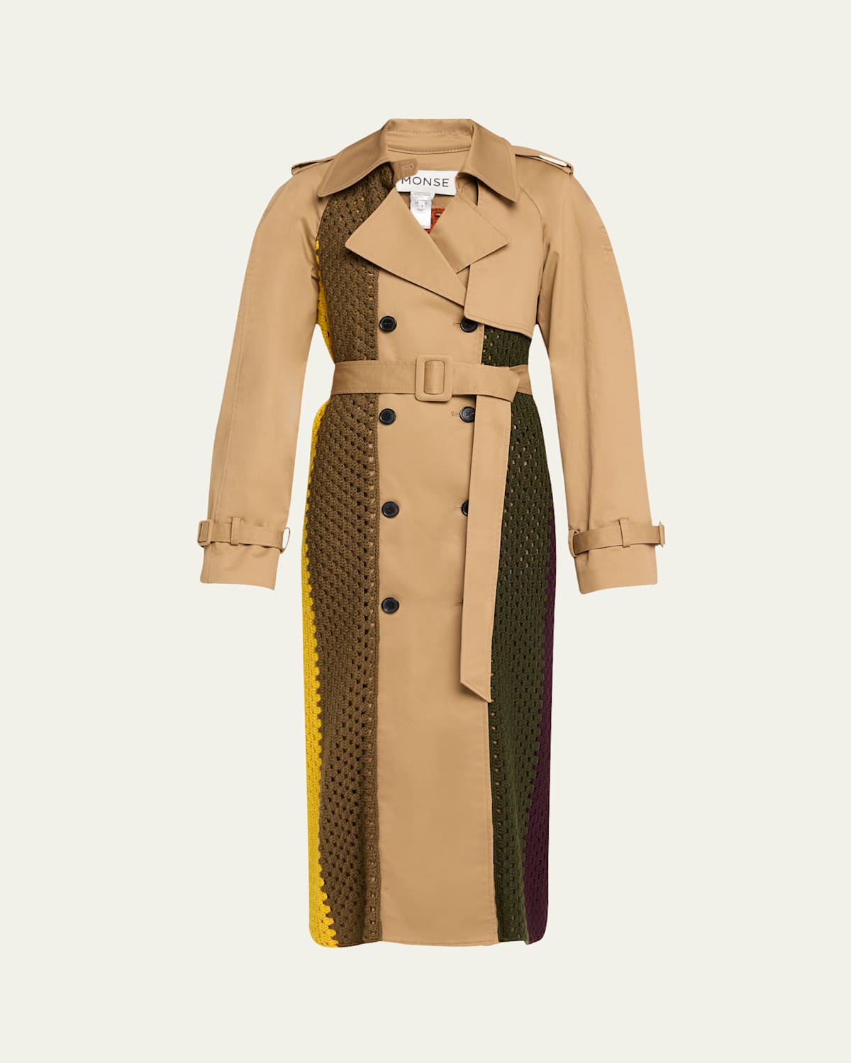 Mixed-Media Crochet Belted Trench Coat