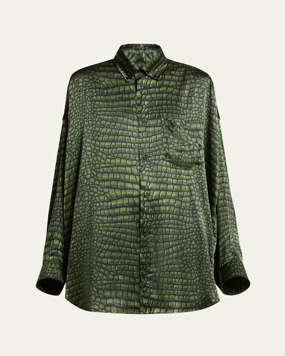 Shop Balenciaga Crocodile Print Satin Button Down Cocoon Blouse In Green