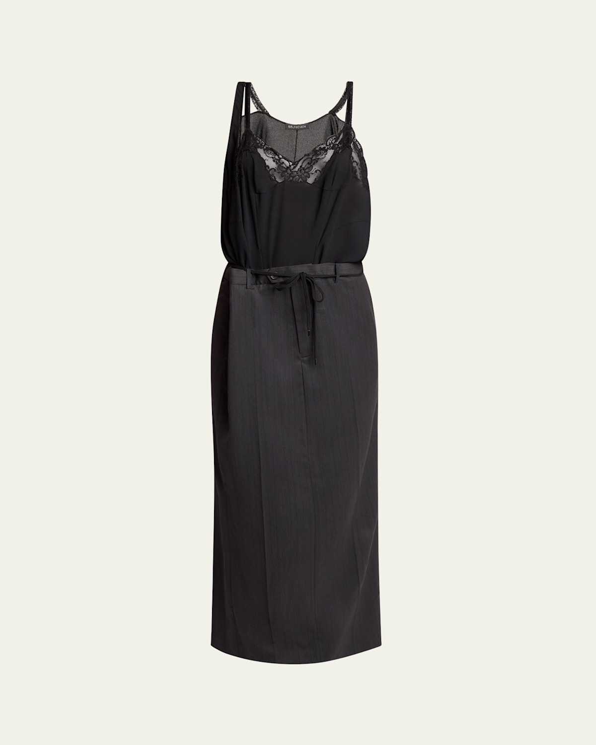 BALENCIAGA LONG HYBRID BELTED SLIP DRESS