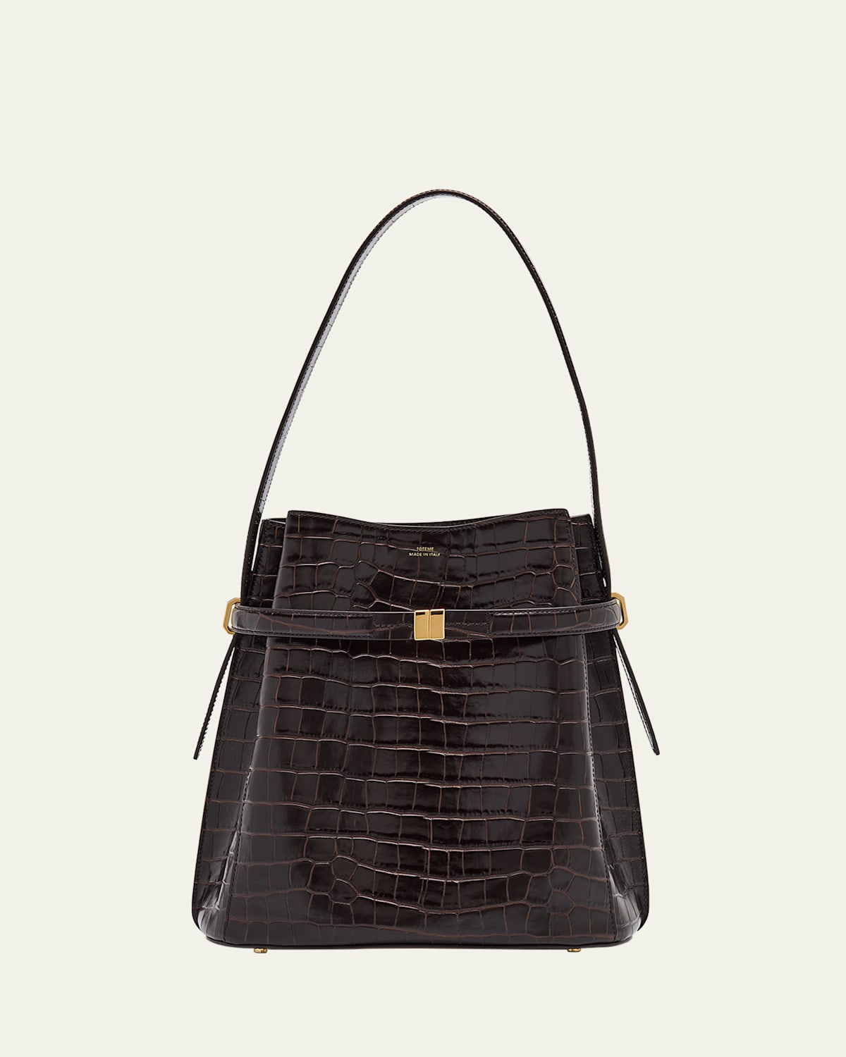 Totême Belted Croc-embossed Leather Bucket Bag In Dark Brown