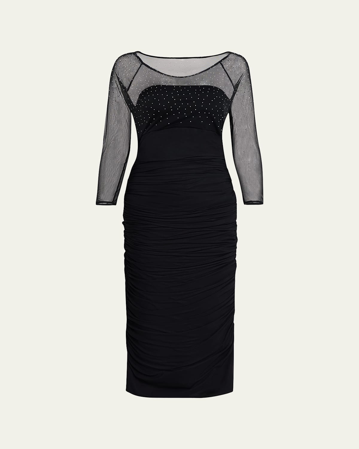 CHIARA BONI LA PETITE ROBE GYUN RUCHED RHINESTONE ILLUSION MIDI DRESS 