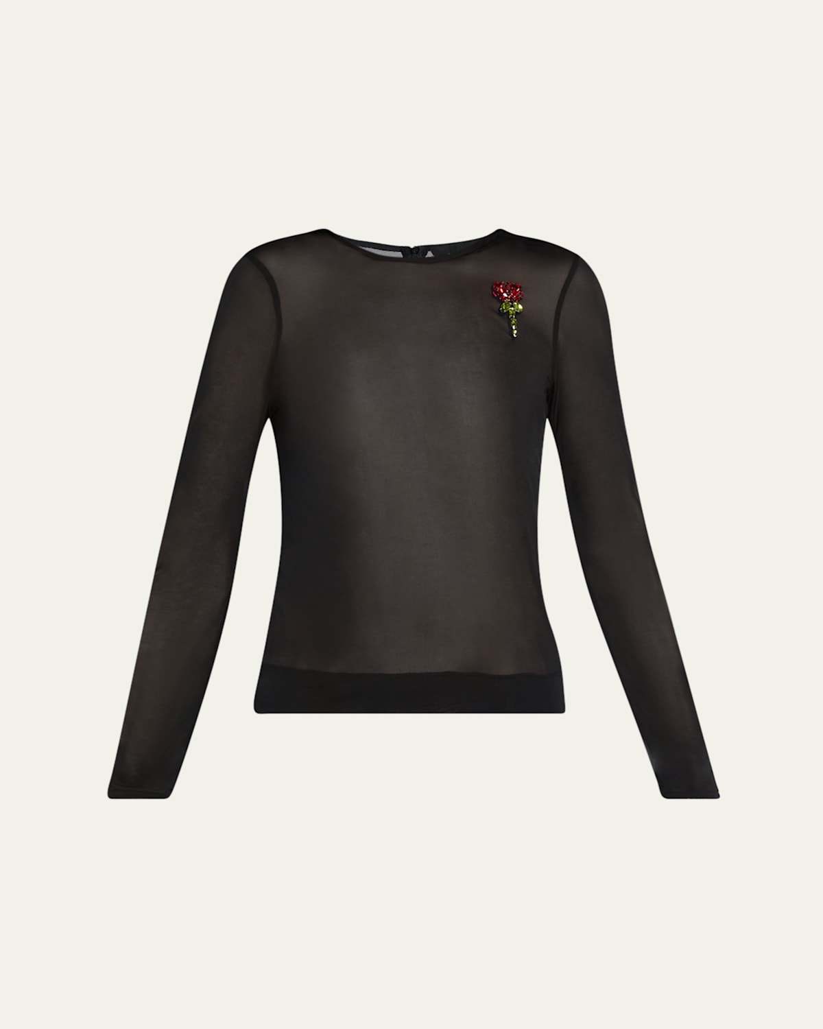 Simone Rocha Sheer Fitted Ballet Mesh Crystal Rose Top In Blackblackred Multi