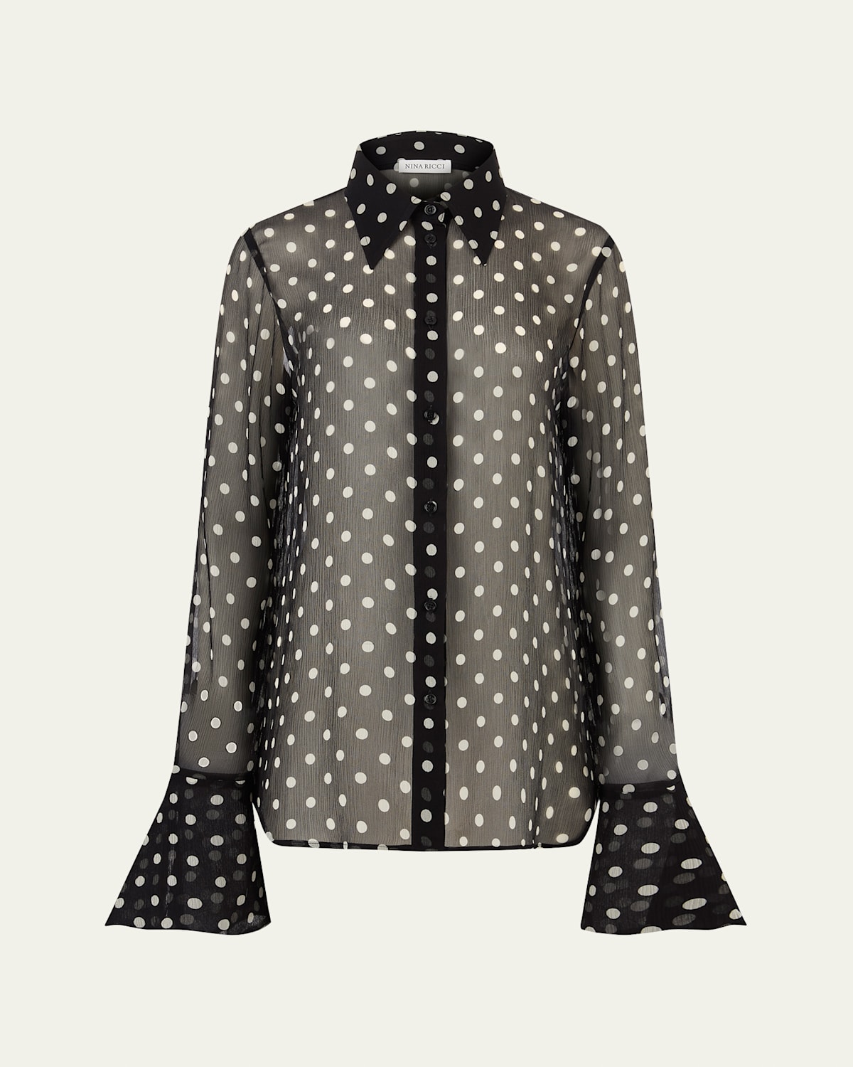 Nina Ricci Chiffon Polka Dot Bell Cuff Blouse In I9072 Polka Dots Black And Cream