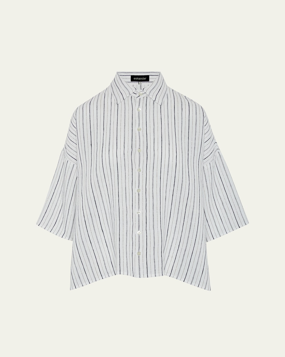 Shop Eskandar Sloped Shoulder Wide A-line Short-sleeve Shirt With Collar (mid Length) In Navygold