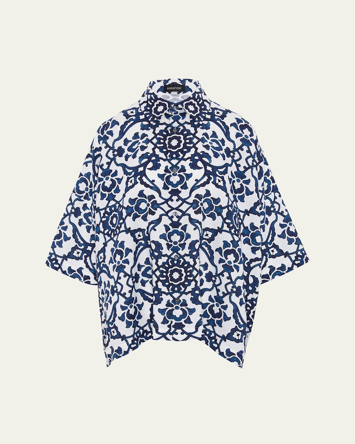 Shop Eskandar Wide Short-sleeve Shirt With Collar (mid Plus Length) In Navy