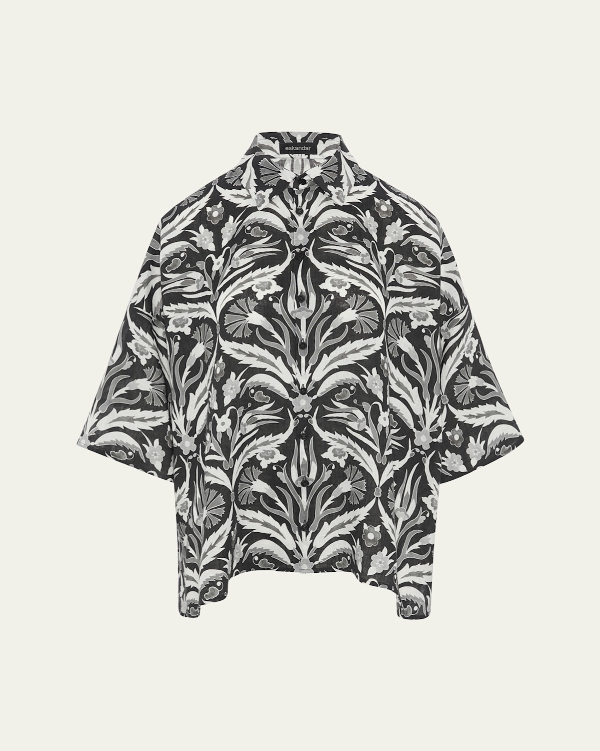 ESKANDAR SLOPED-SHOULDER WIDE A-LINE SHORT-SLEEVE SHIRT WITH COLLAR (MID PLUS LENGTH) 