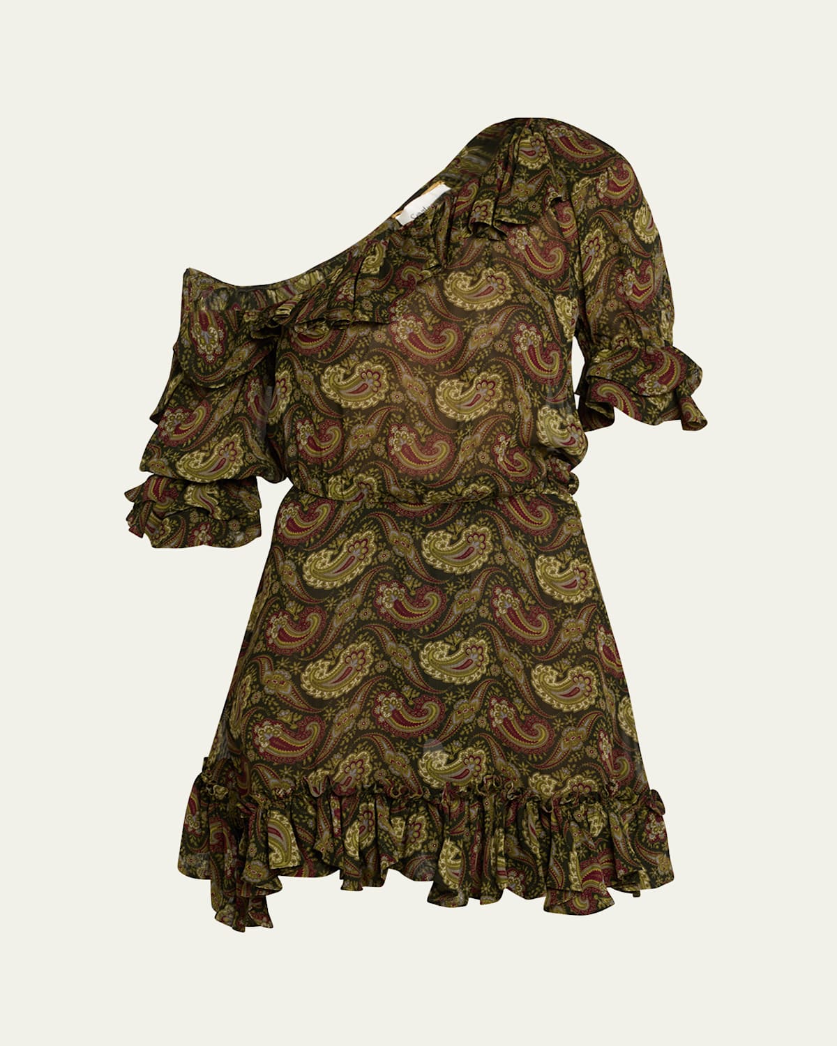 Saint Laurent Paisley Off-the-shoulder Mini Ruffled Dress In Army Green