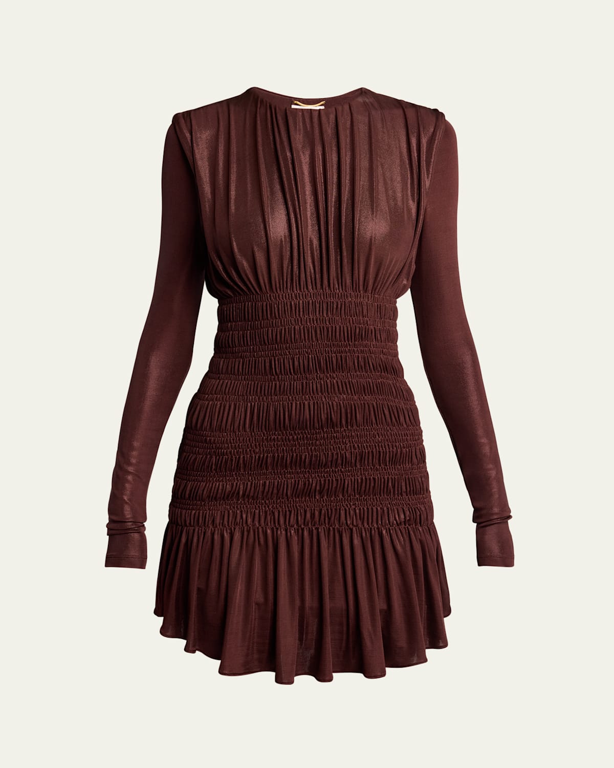 Saint Laurent Ruched Long-sleeve Mini Dress In Red Brown