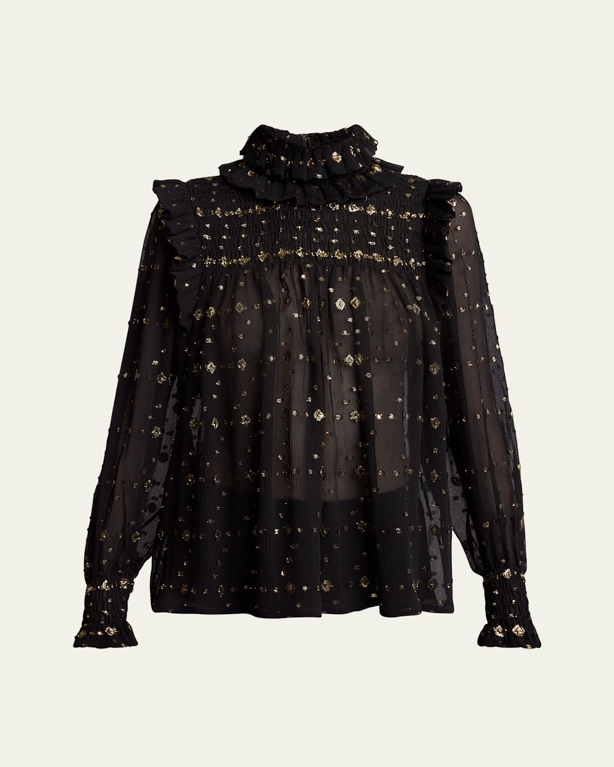 Saint Laurent Embroidered Crepe Blouse With Ruffles And Smocked Yoke In Neromekong