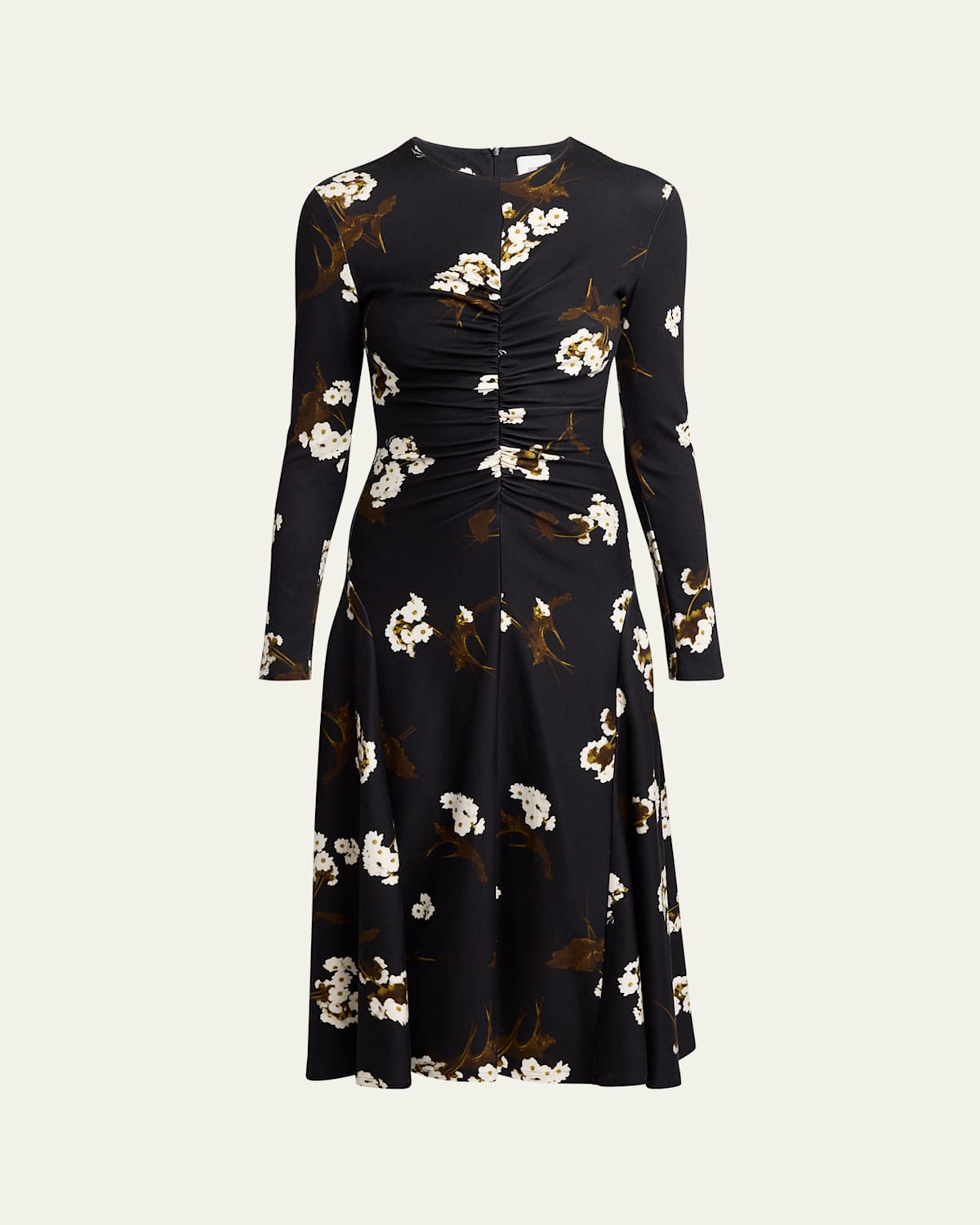 ERDEM FLORAL GATHERED LONG SLEEVE MIDI DRESS 