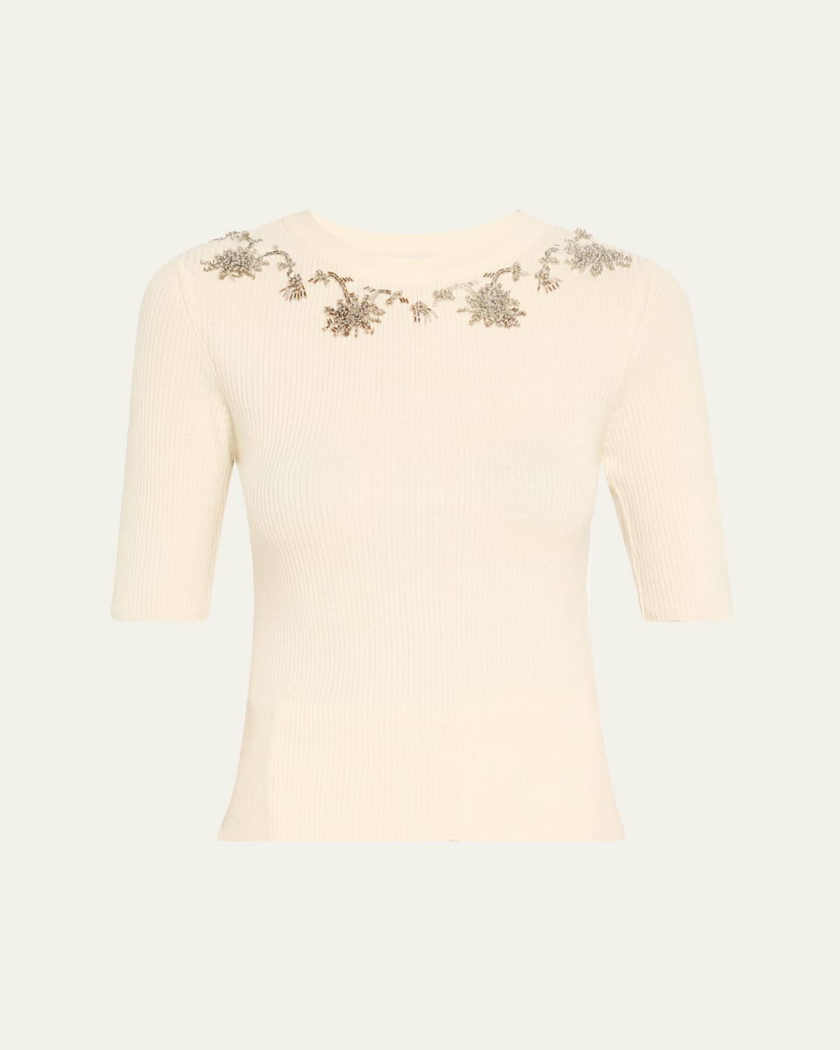 Floral Embroidered Elbow-Sleeve Rib Sweater