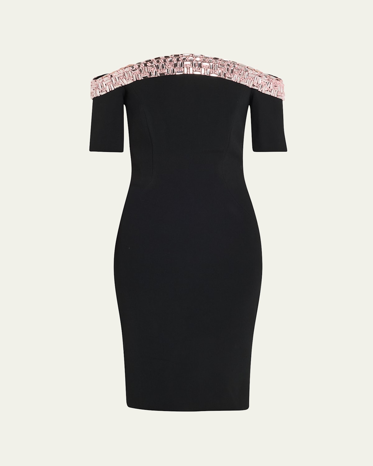 Off-Shoulder Crystal Neck-Trim Crepe Cocktail Dress