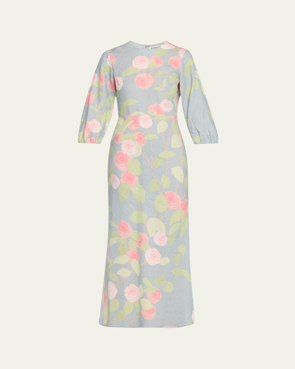 Bernadette Flower Printed Linen Long Dress In Camelia - Blue