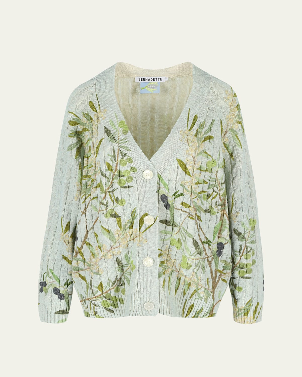 Bernadette Floral Printed Button Down Cardigan In Pale Blue Printed Cable Knit