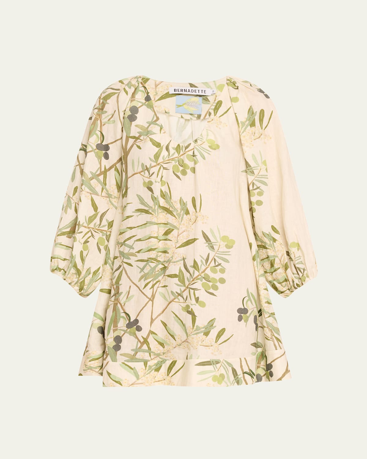Flowy Puff-Sleeve Printed Linen Mini Dress