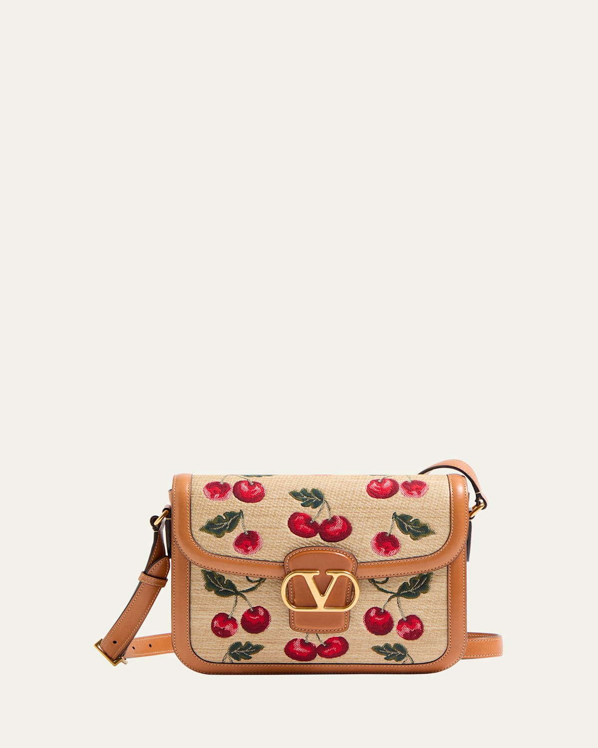 Valentino 9t05 Cherry-jacquard Raffia And Leather Cross-body Bag In Multi Natural Camel