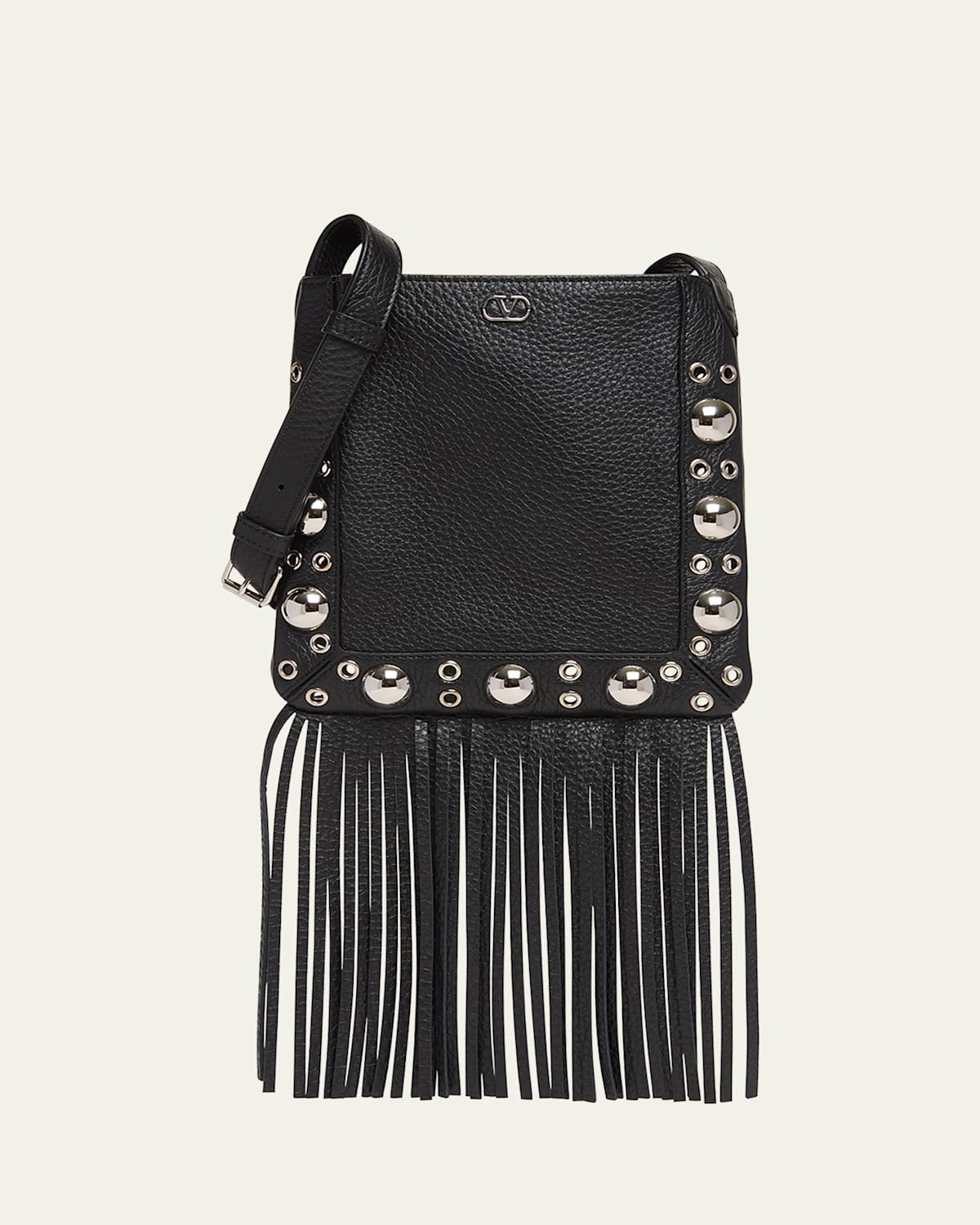 Valentino Nellcote Small Fringe Studded Leather Crossbody Bag In Black