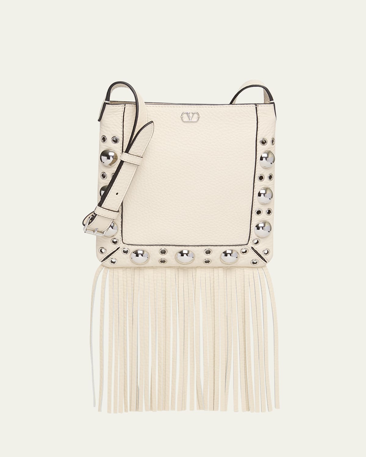 Valentino Nellcote Small Fringe Studded Leather Crossbody Bag In Light Ivory