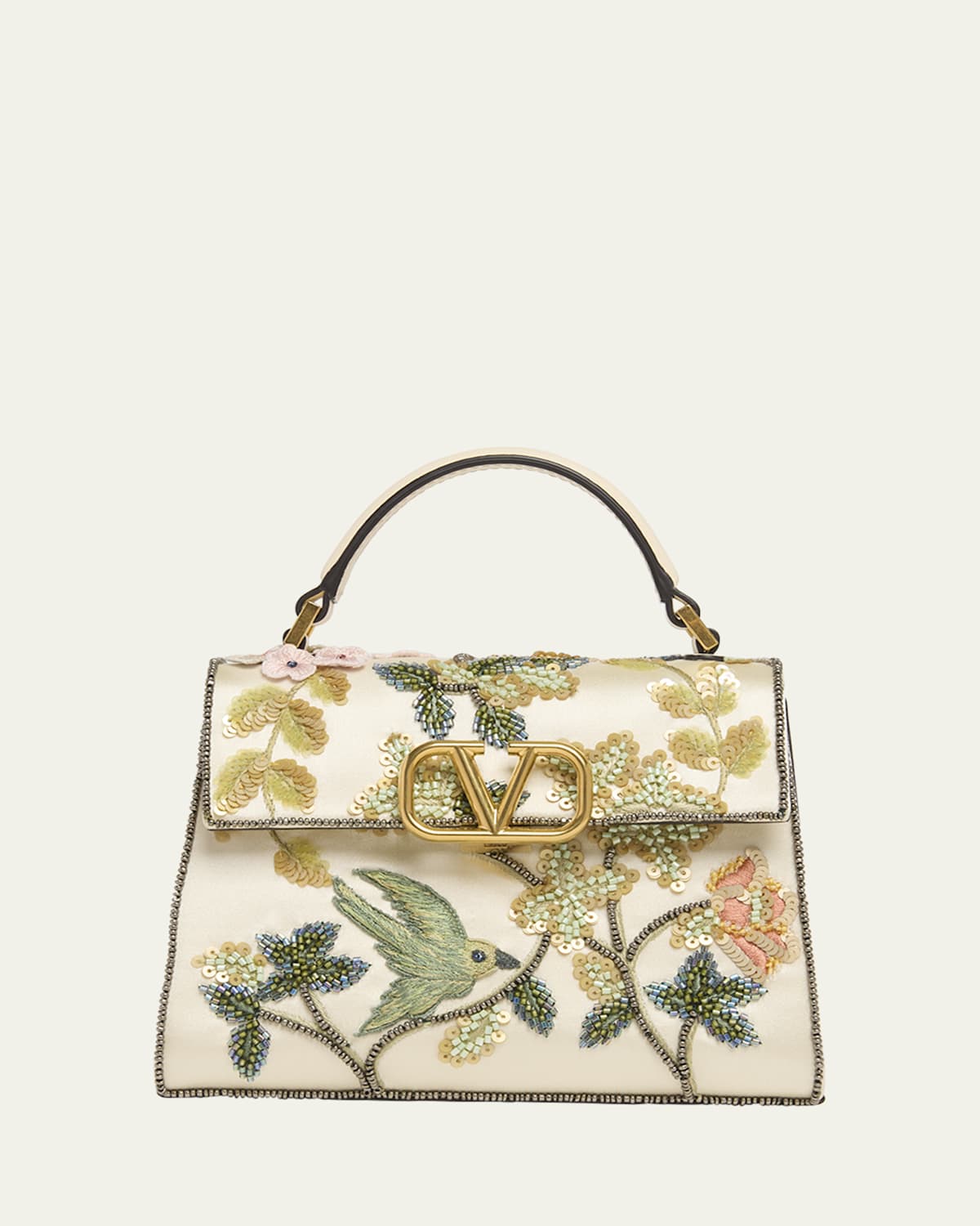 Valentino Vsling Mini Flower Bird Beaded Satin Top-handle Bag