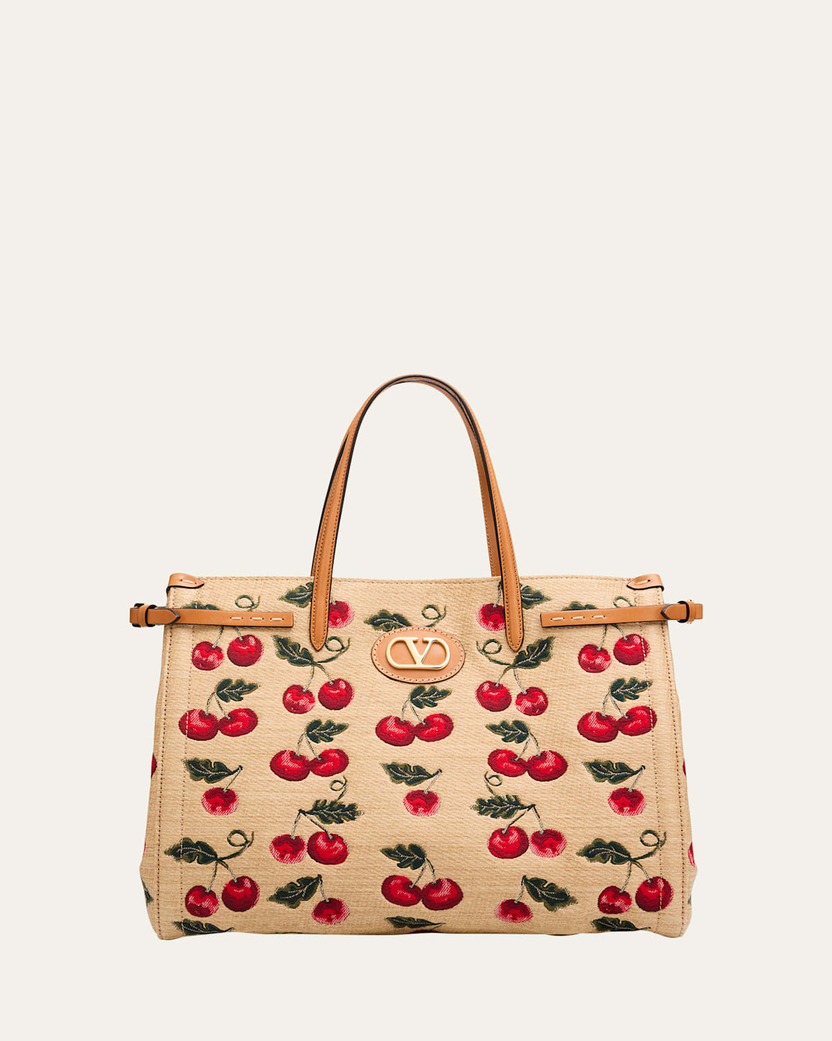 Valentino Garavani Antibes Medium Cherry Tote Bag In Cotton Jacquard In Brown