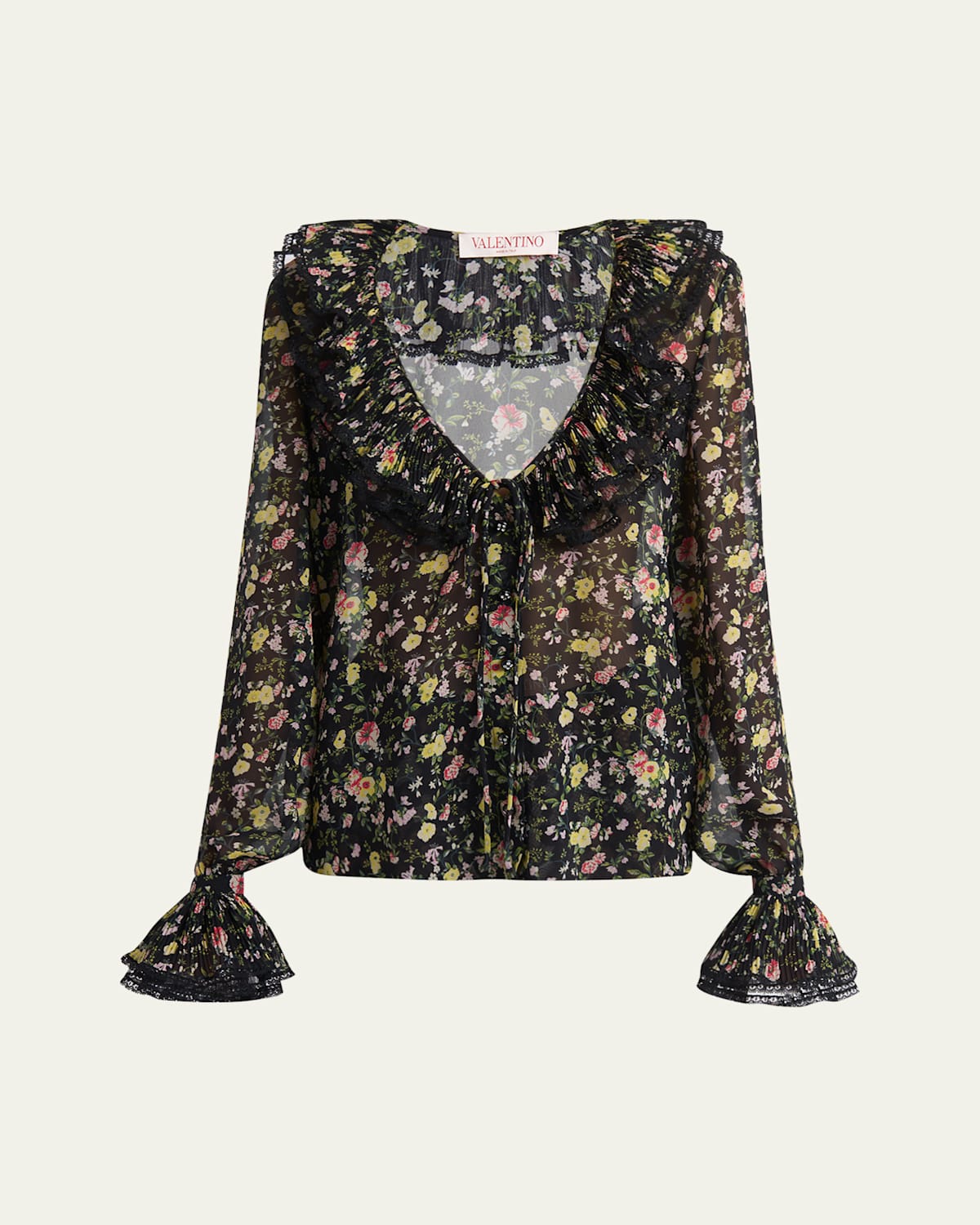 Valentino Semi Sheer Flower Print Blouse In Black Multi