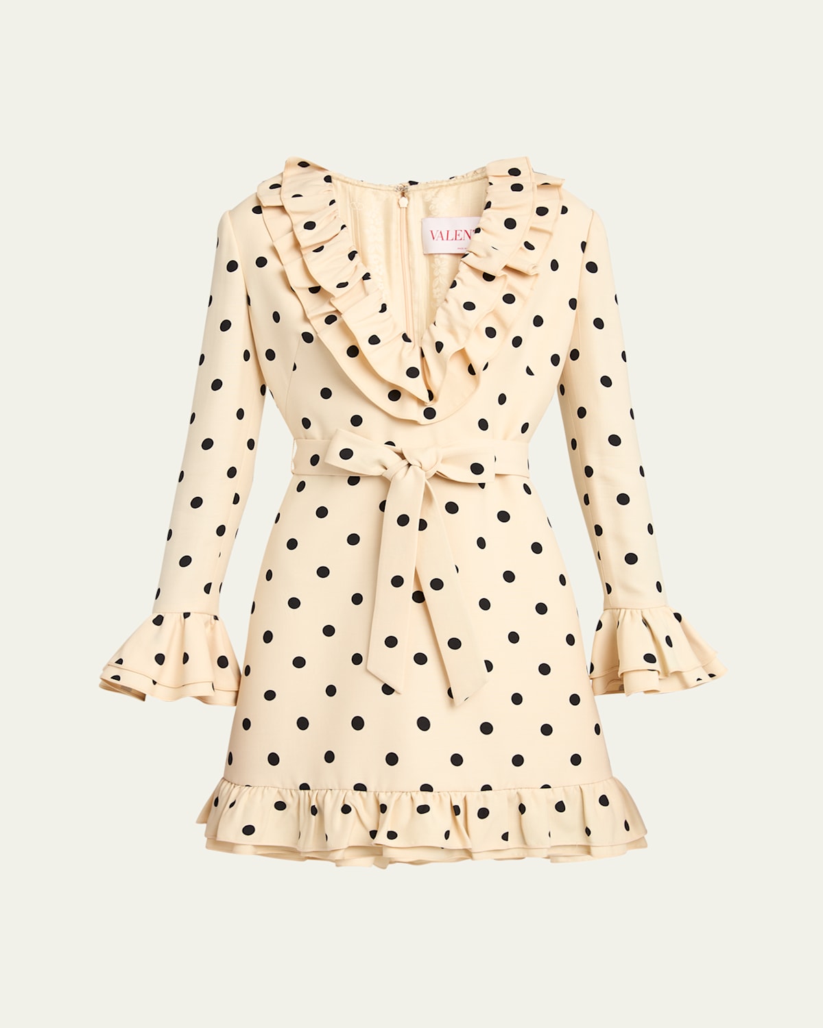 Valentino Belted Ruffled Polka-dot Wool And Silk-blend Mini Dress In Light Hazelnut